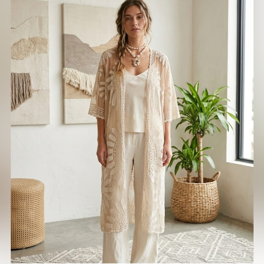 Rebellion Again Boho Embroidered Sheer Kimono Cardigan Lace Mesh Ivory XS #01